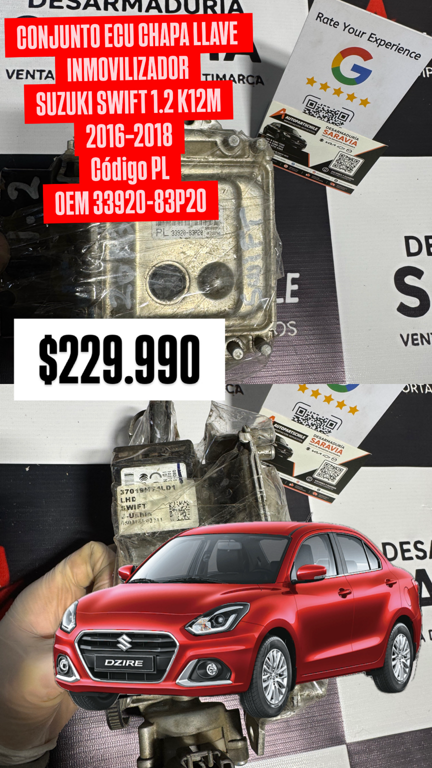 Conjunto ECU Chapa Llave Inmovilizador Suzuki Swift 1.2 K12M 2016-2018
