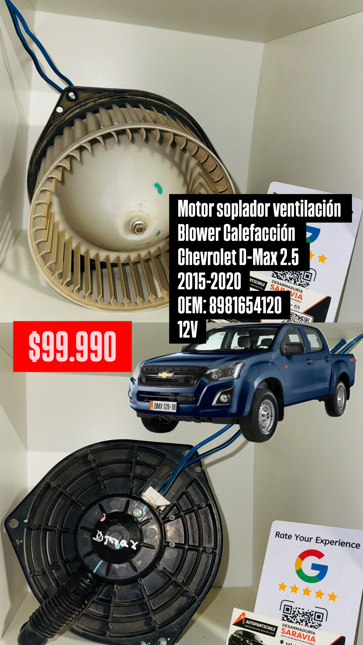 Motor Soplador Blower Calefacción Chevrolet D-Max 2.5 2015-2020 12V Chevrolet D-Max 2.5 — 2015-2020 — Motor 2.5 — 12V