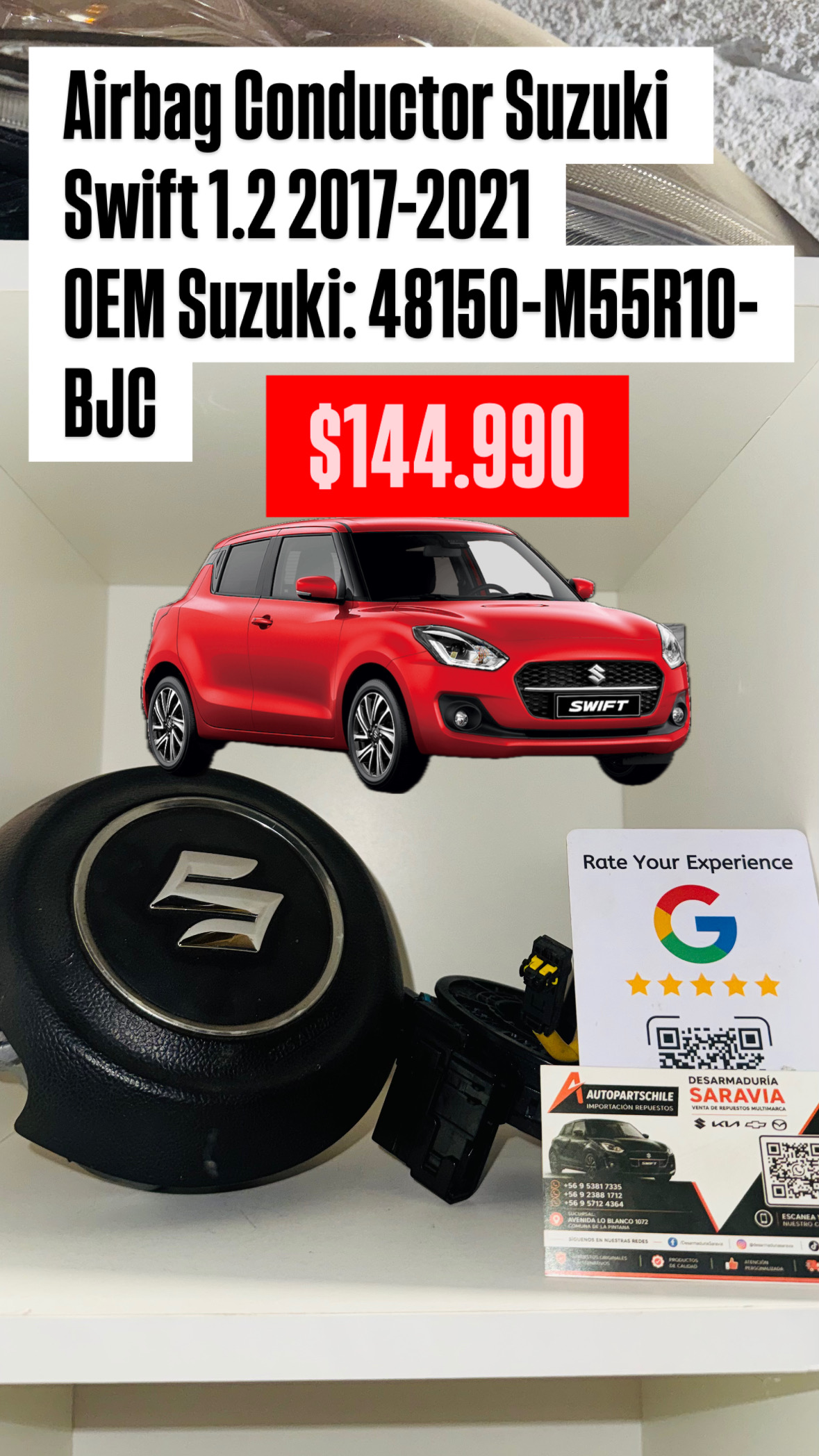Airbag conductor original Suzuki Swift 1.2 2017–2021. Compatibilidad  * Suzuki Swift 1.2 2017 * Suzuki Swift 1.2 2018 * Suzuki Swift 1.2 2019 * Suzuki Swift 1.2 2020 * Suzuki Swift 1.2 2021