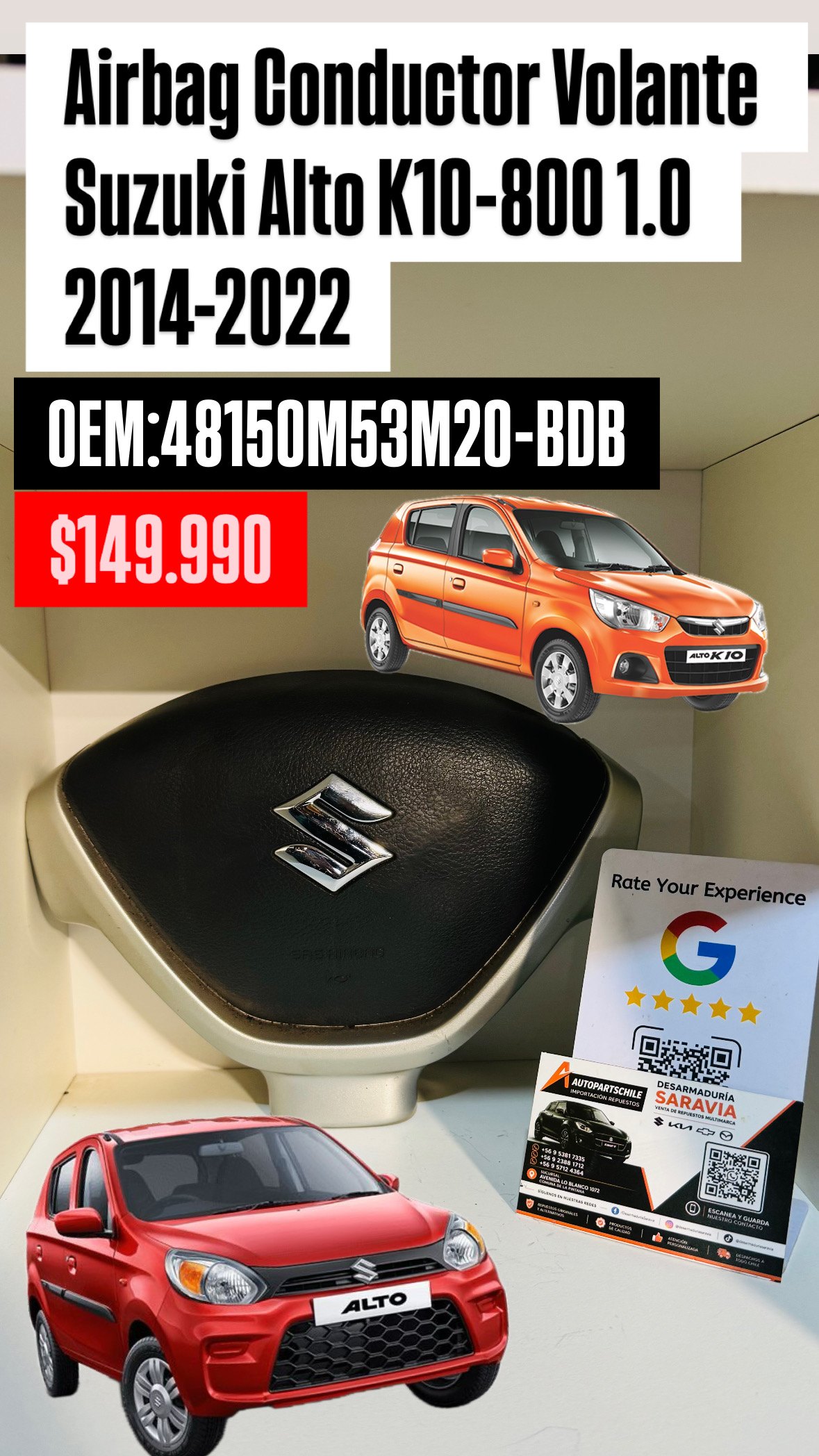 Airbag Conductor Volante Suzuki Alto K10-800 1.0 2014-2022 0EM:48150M53M20-BDB Suzuki Alto K10- Suzuki alto 800 2014-2022